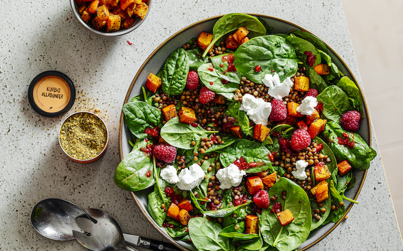 kuerbis-linsen-salat-mit-babyspinat-und-himbeer-dressing