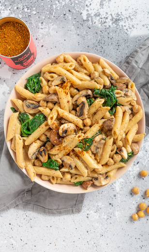Cremige Pasta mit Champignons, Spinat und Kichererbsen 